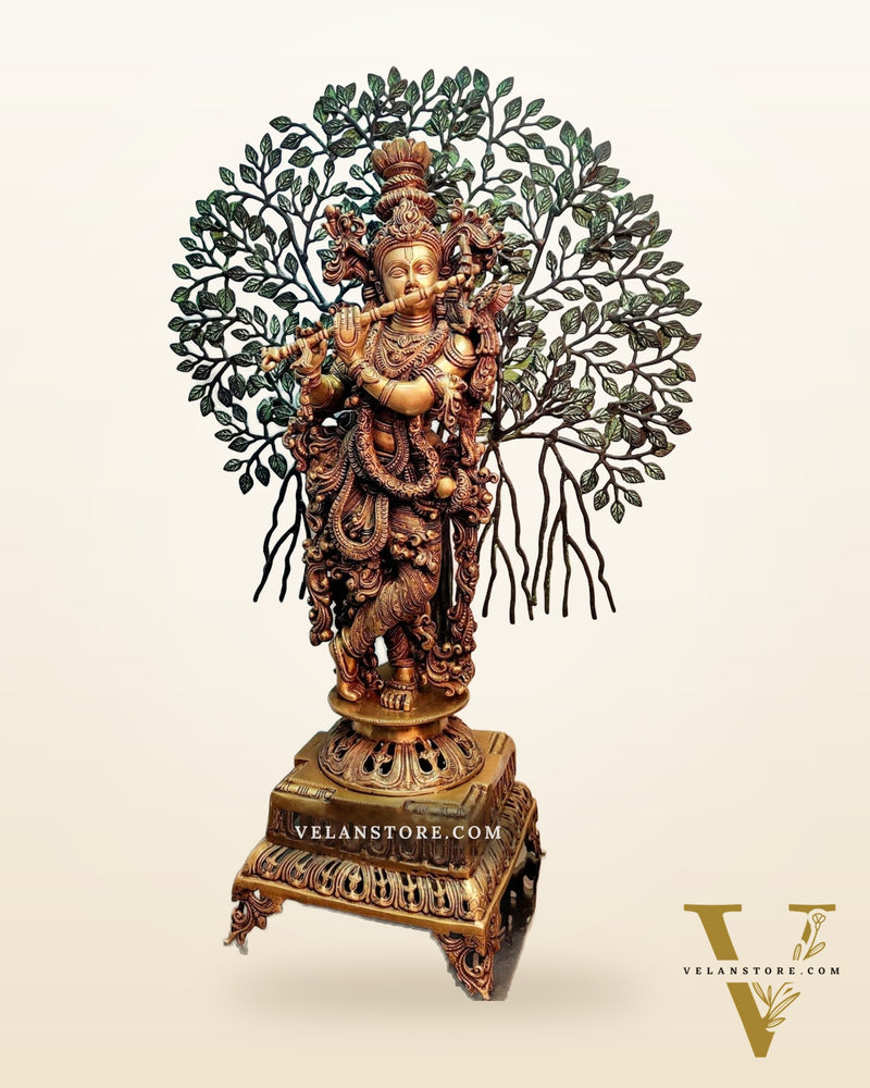 Krishna Superfine Brass Idol with Kalpavriksha  tree - 36"