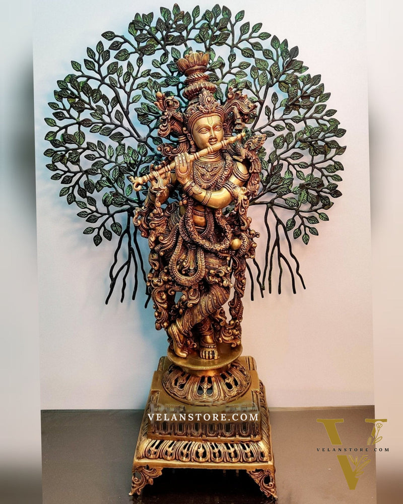 Krishna Superfine Brass Idol with Kalpavriksha  tree - 36"