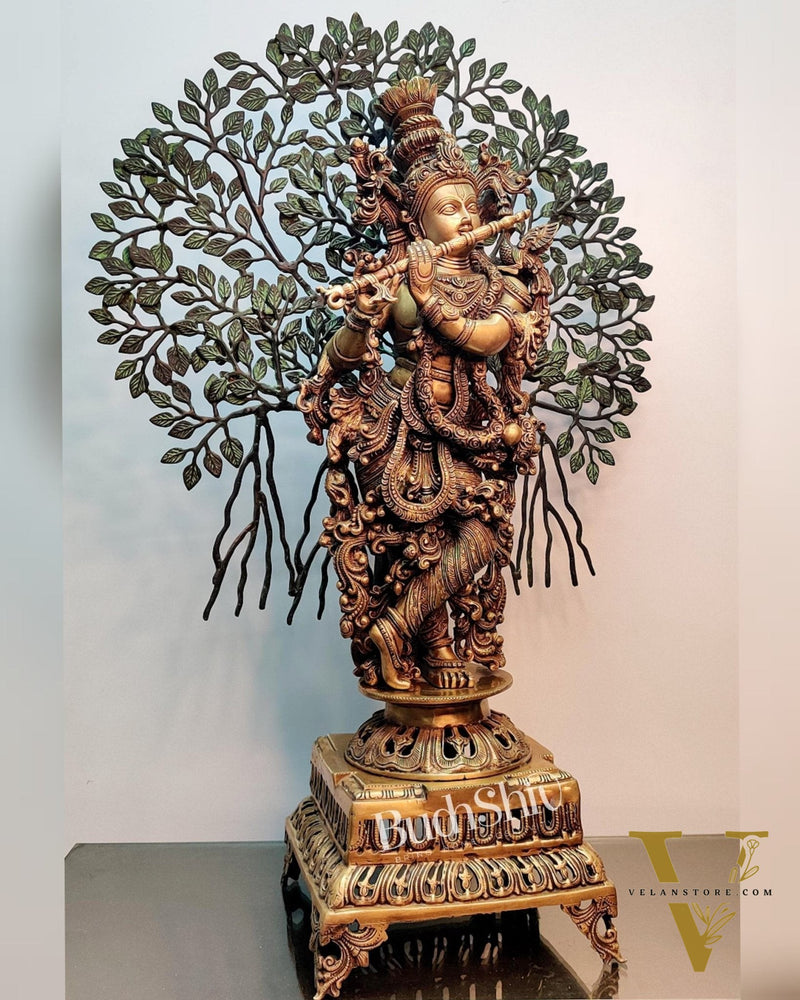 Krishna Superfine Brass Idol with Kalpavriksha  tree - 36"