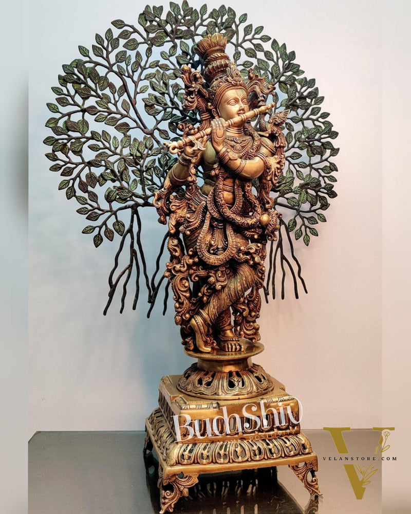 Krishna Superfine Brass Idol with Kalpavriksha  tree - 36"