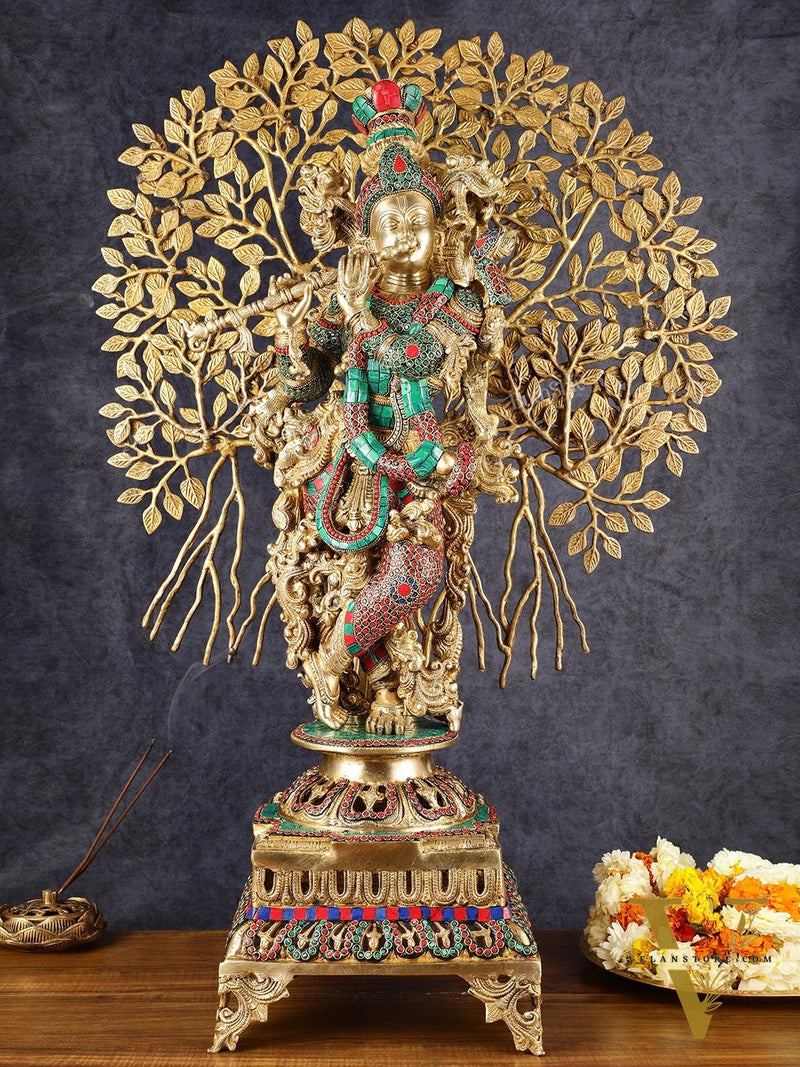 Krishna Superfine Brass Idol with Kalpavriksha Tree | Multicolour Stonework
