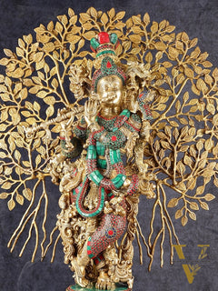 Krishna Superfine Brass Idol with Kalpavriksha Tree | Multicolour Stonework