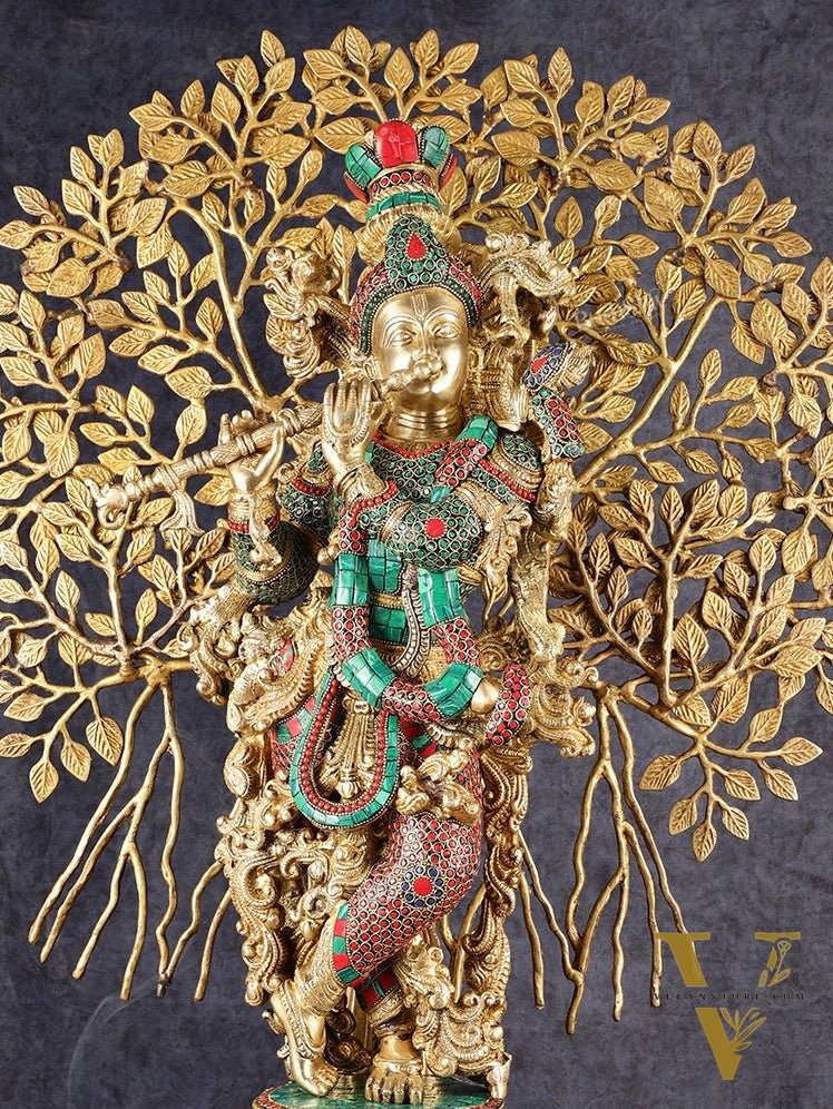 Krishna Superfine Brass Idol with Kalpavriksha Tree | Multicolour Stonework