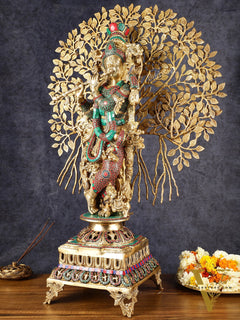 Krishna Superfine Brass Idol with Kalpavriksha Tree | Multicolour Stonework