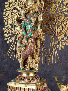 Krishna Superfine Brass Idol with Kalpavriksha Tree | Multicolour Stonework