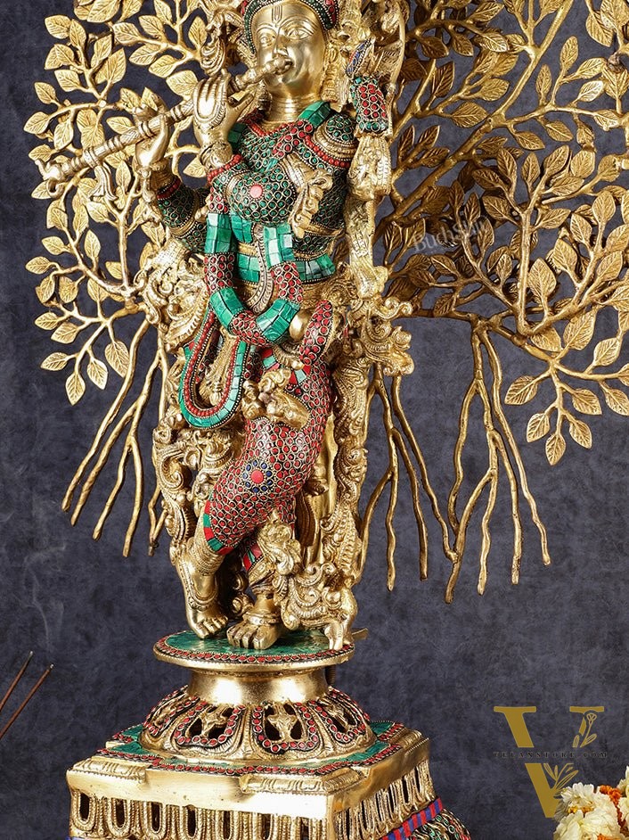 Krishna Superfine Brass Idol with Kalpavriksha Tree | Multicolour Stonework