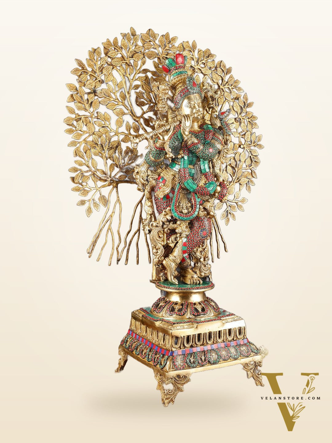 Krishna Superfine Brass Idol with Kalpavriksha Tree | Multicolour Stonework