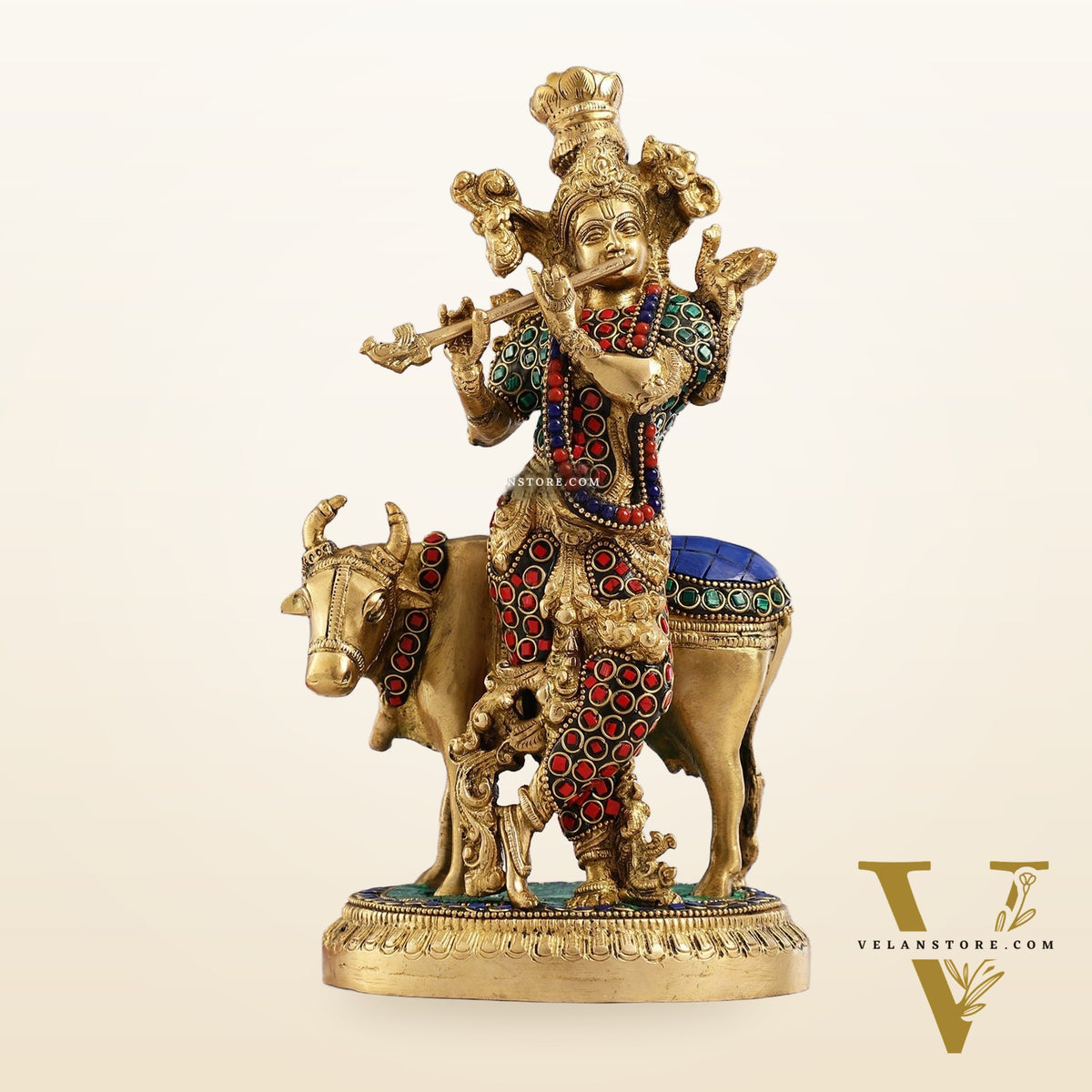 Krishna with cow 10 inch Brass Idol with stonework