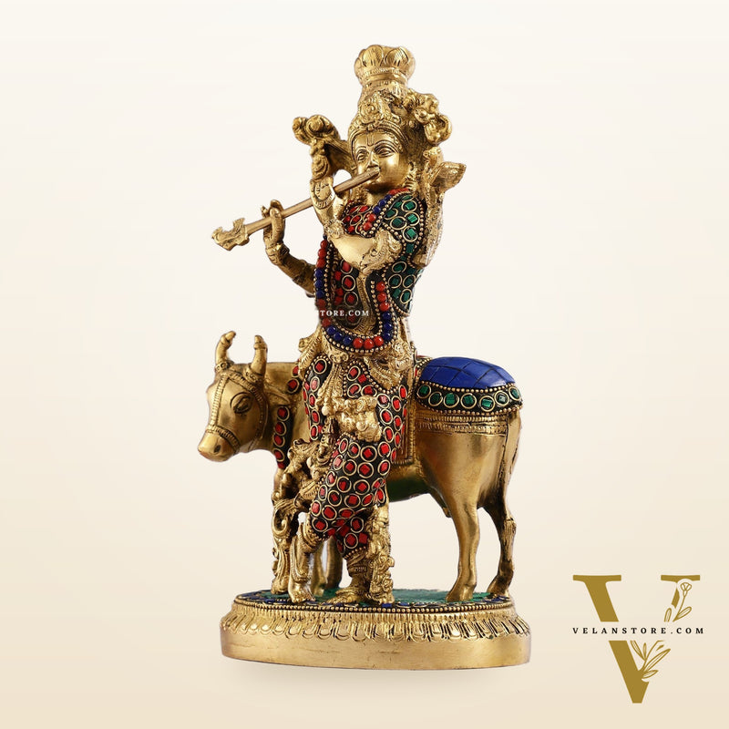Krishna with cow 10 inch Brass Idol with stonework