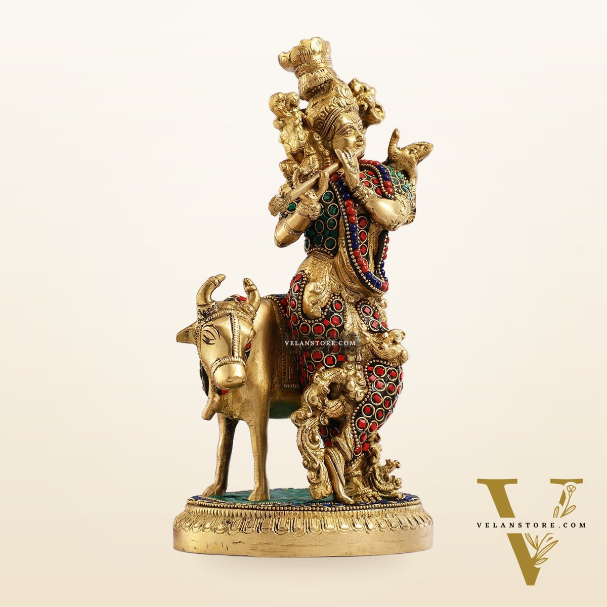 Krishna with cow 10 inch Brass Idol with stonework