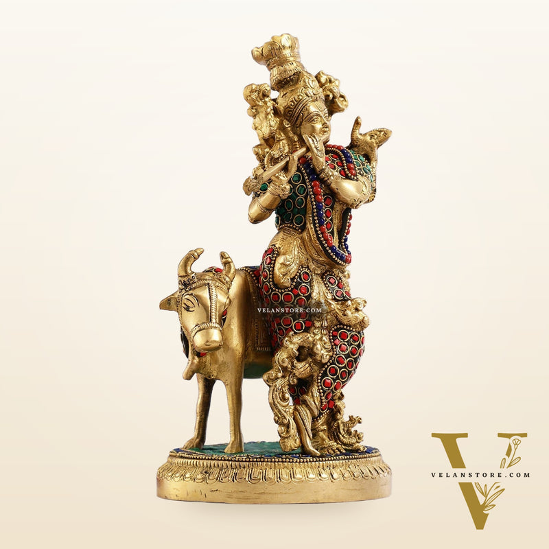 Krishna with cow 10 inch Brass Idol with stonework