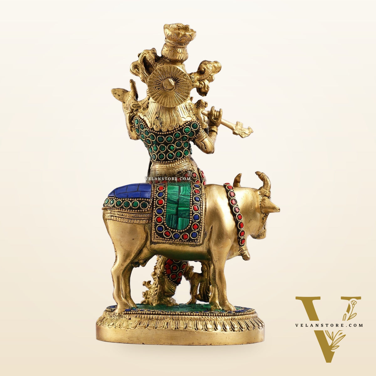 Krishna with cow 10 inch Brass Idol with stonework