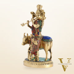 Krishna with cow 10 inch Brass Idol with stonework
