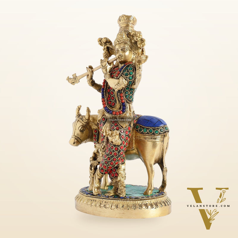 Krishna with cow 10 inch Brass Idol with stonework