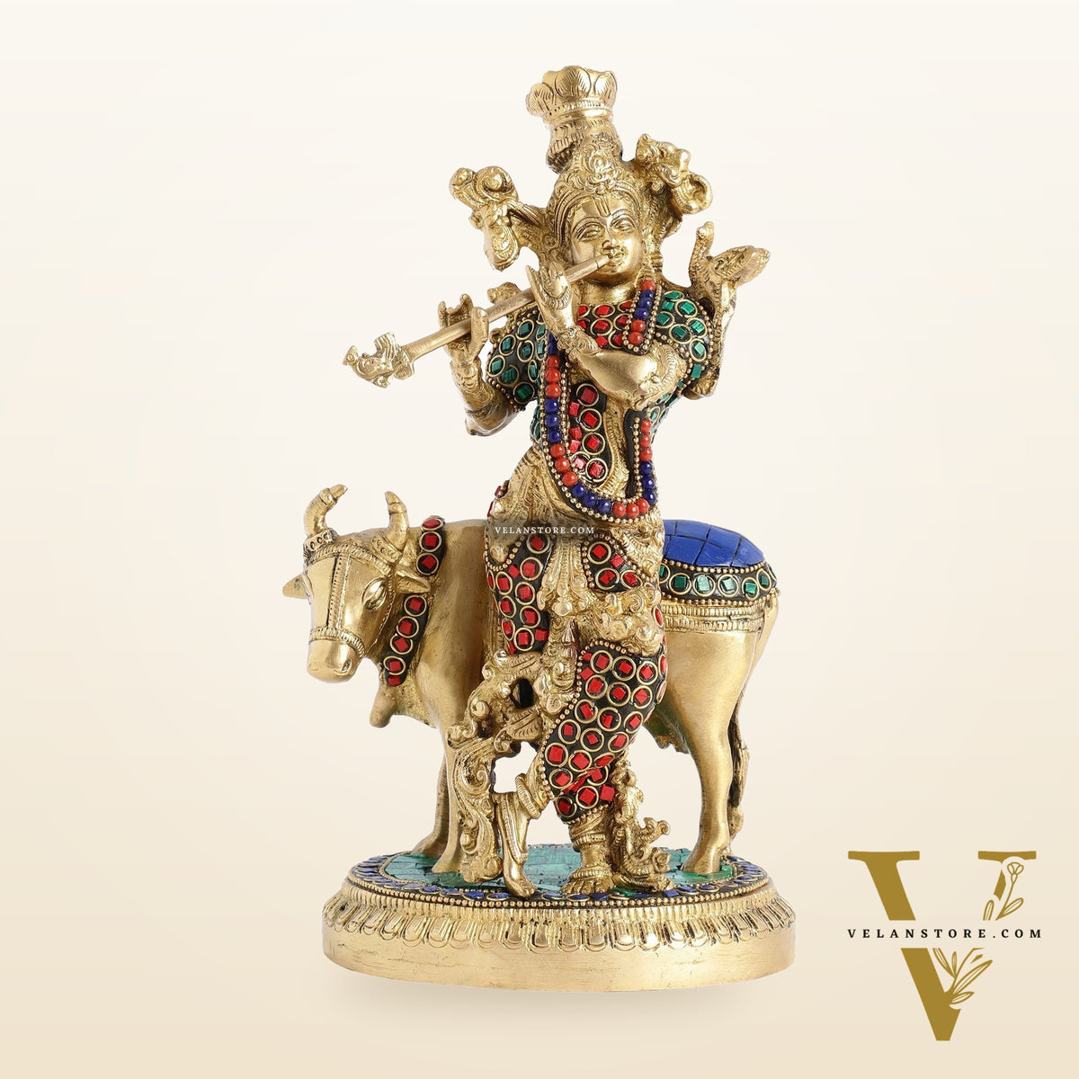 Krishna with cow 10 inch Brass Idol with stonework