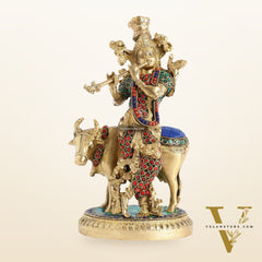 Krishna with cow 10 inch Brass Idol with stonework