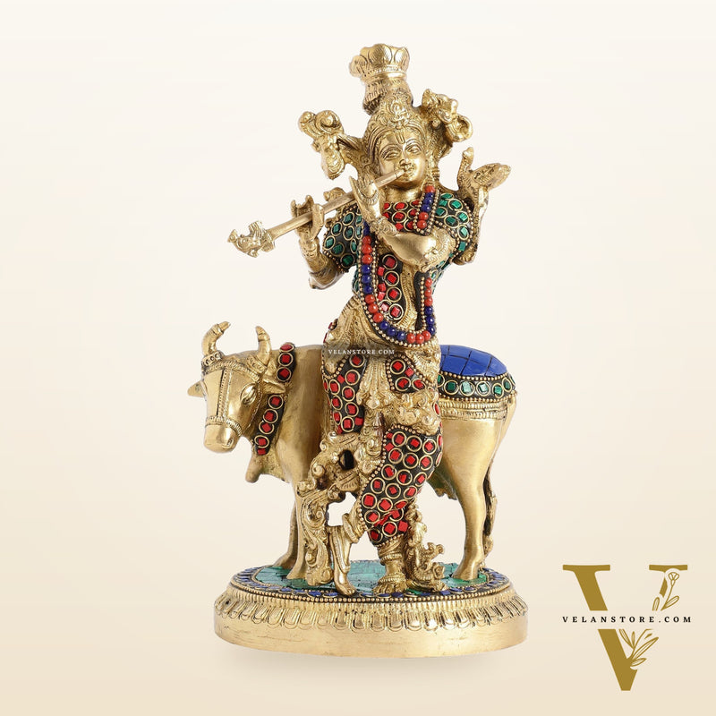 Krishna with cow 10 inch Brass Idol with stonework