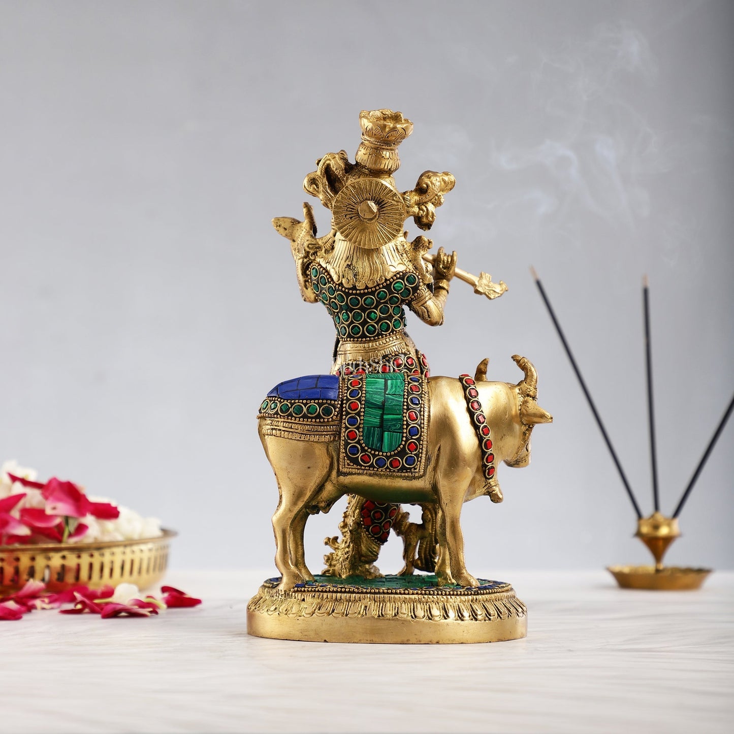 Krishna with cow 10 inch Brass Idol with stonework