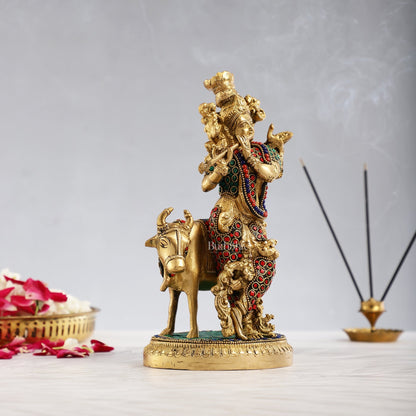 Krishna with cow 10 inch Brass Idol with stonework