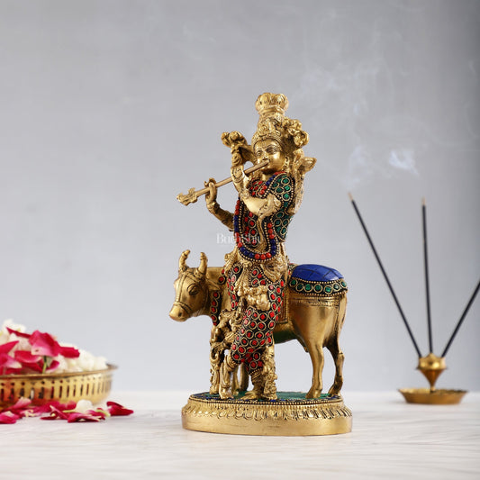 Krishna with cow 10 inch Brass Idol with stonework