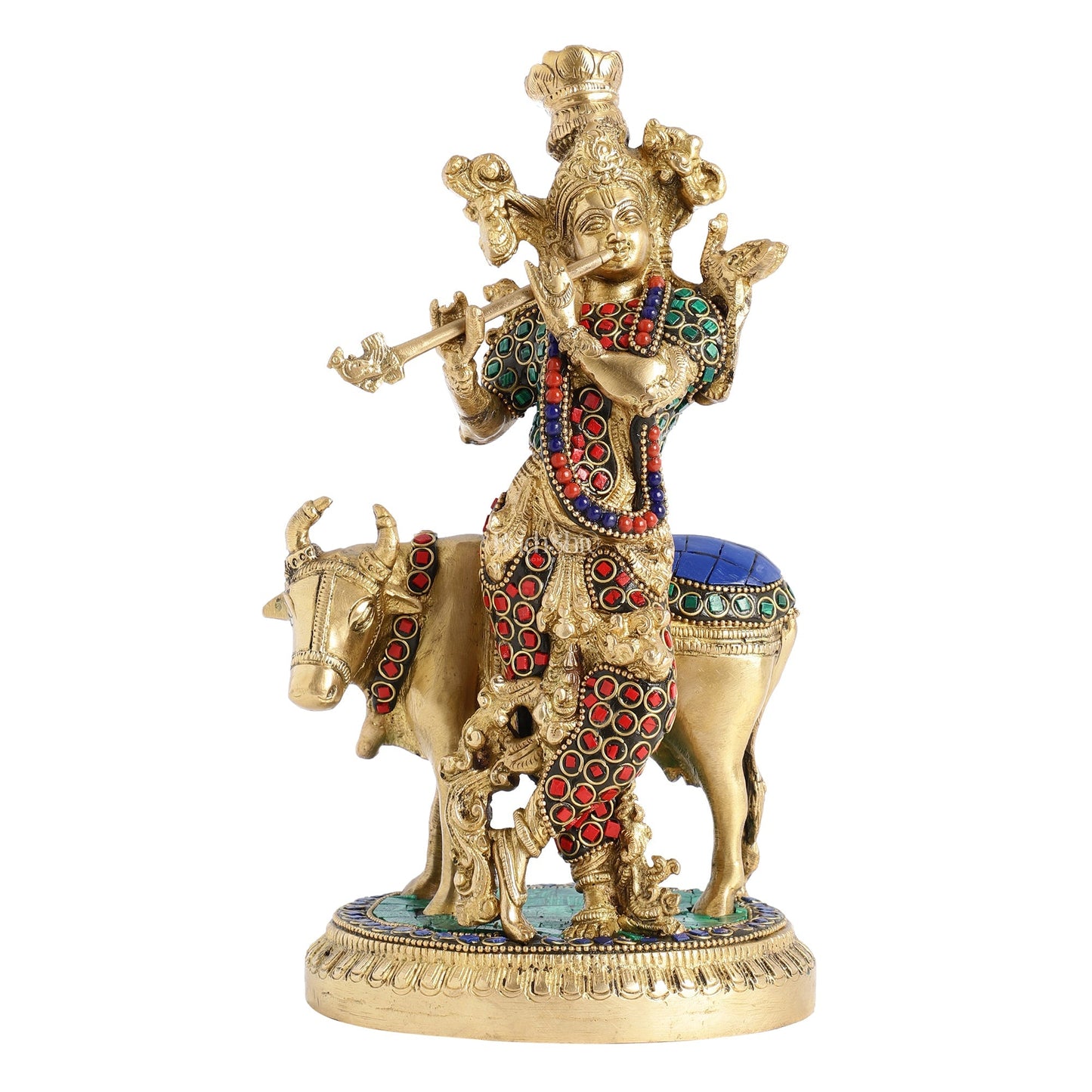 Krishna with cow 10 inch Brass Idol with stonework