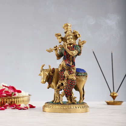 Krishna with cow 10 inch Brass Idol with stonework