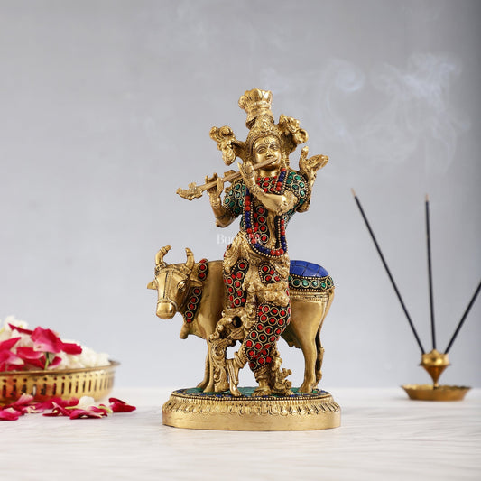 Krishna with cow 10 inch Brass Idol with stonework