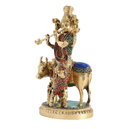 Krishna with cow 10 inch Brass Idol with stonework
