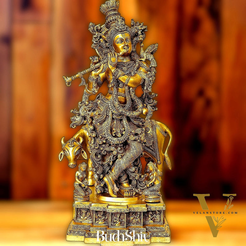 Krishna With Cow 28 inches brass idol
