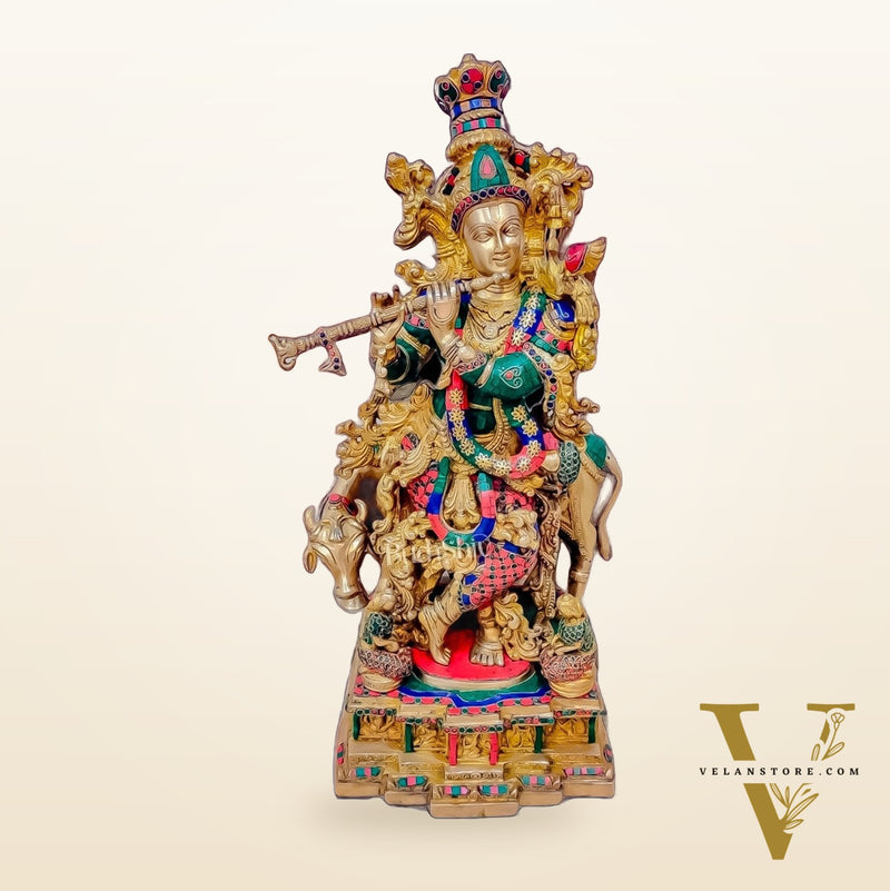 Krishna With Cow 28 inches brass idol with stonework