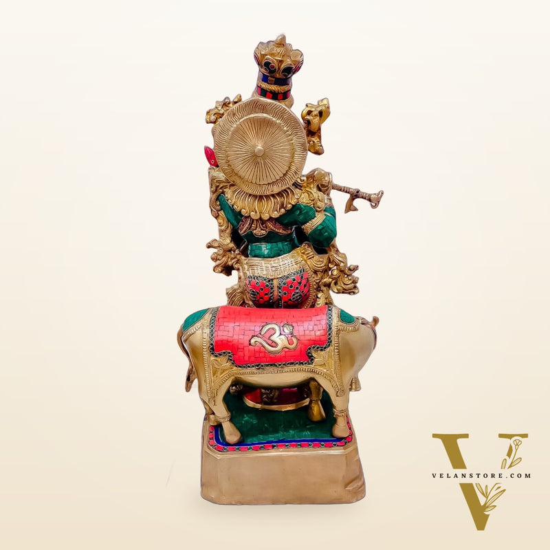 Krishna With Cow 28 inches brass idol with stonework