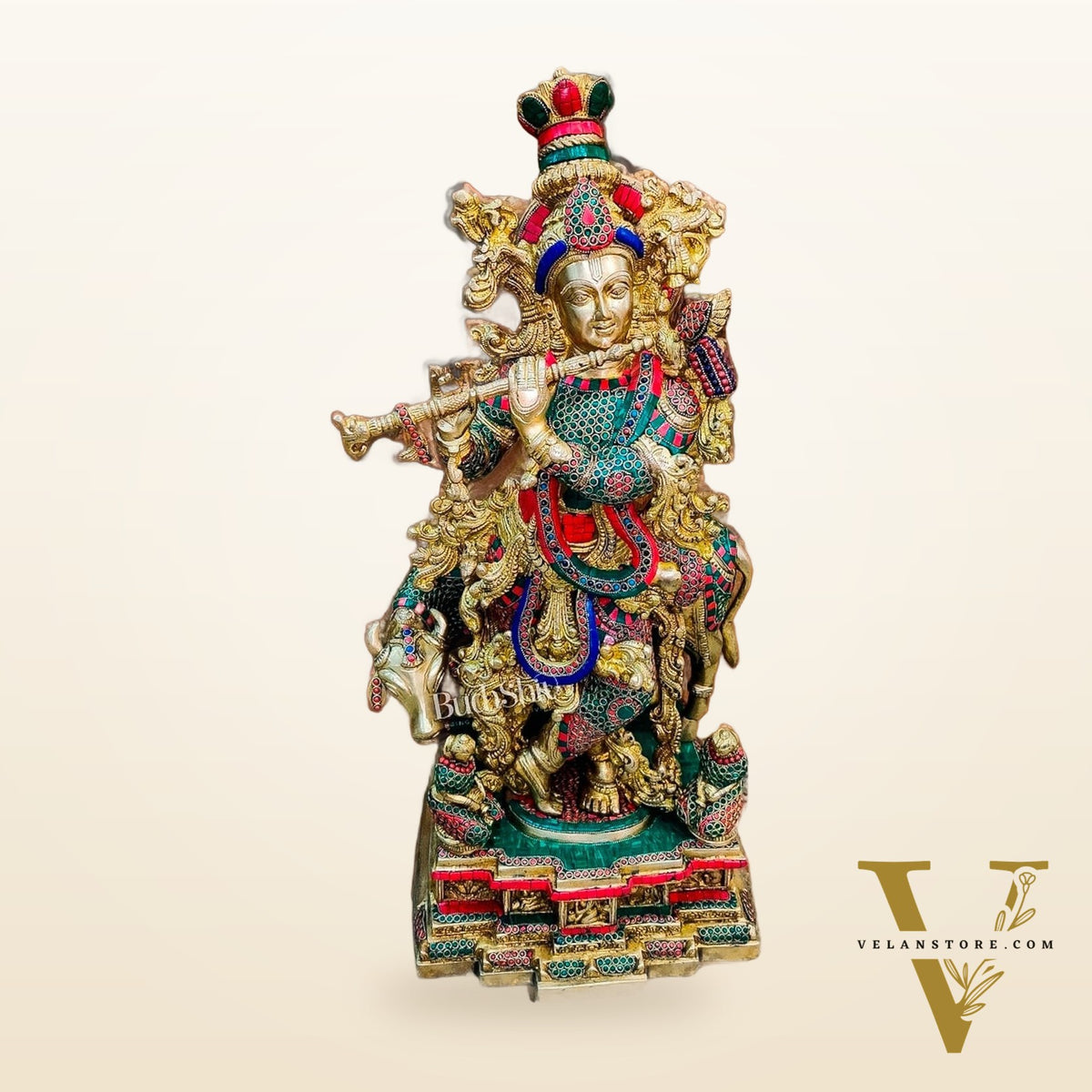 Krishna With Cow 28 inches brass idol with stonework