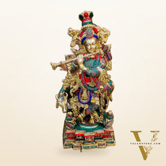 Krishna With Cow 28 inches brass idol with stonework