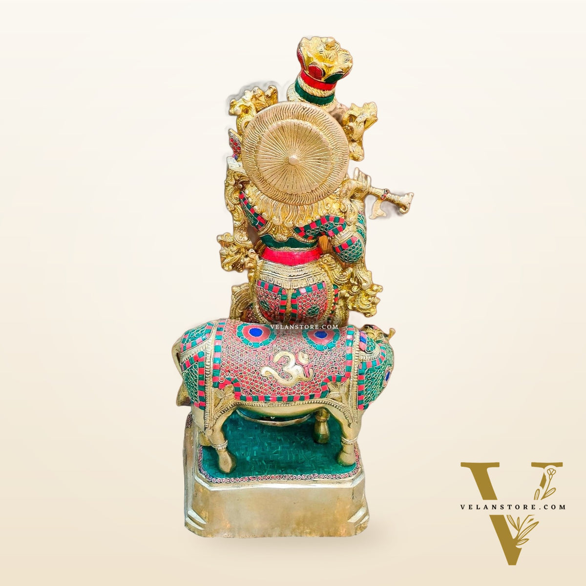 Krishna With Cow 28 inches brass idol with stonework