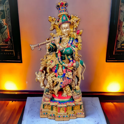 Krishna With Cow 28 inches brass idol with stonework
