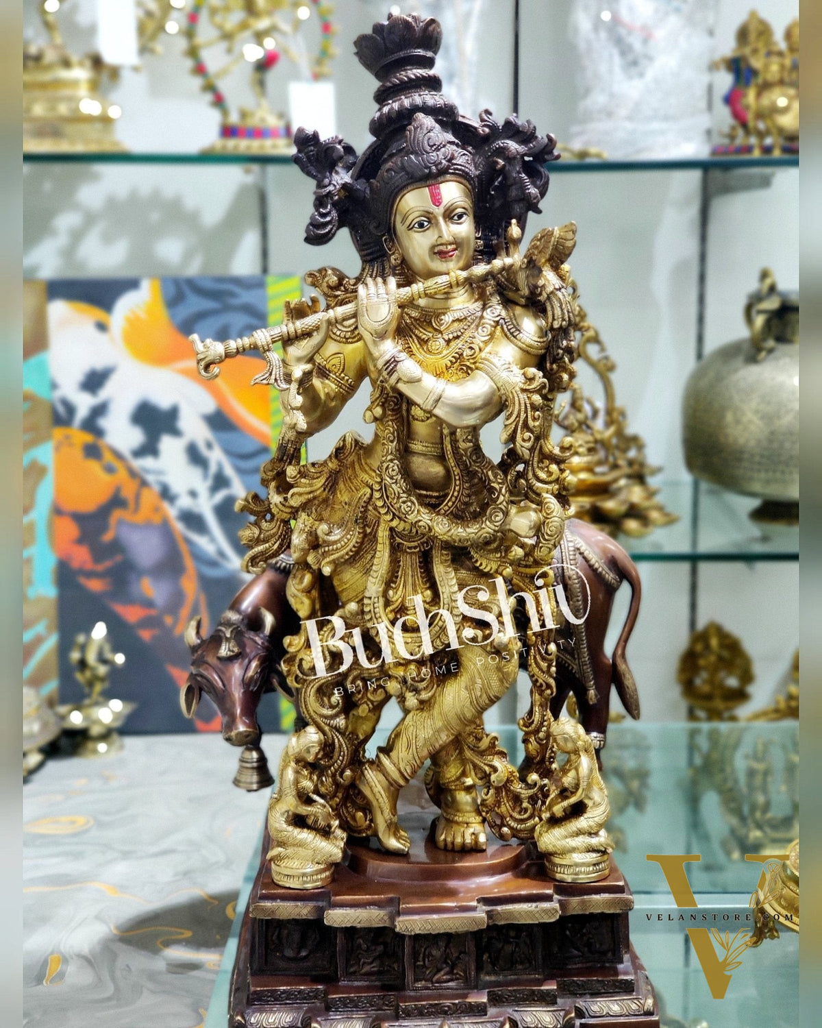 Krishna With Cow 28 inches brass idol