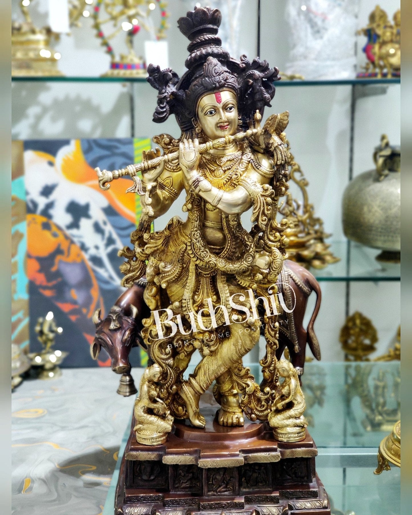 Krishna With Cow 28 inches brass idol