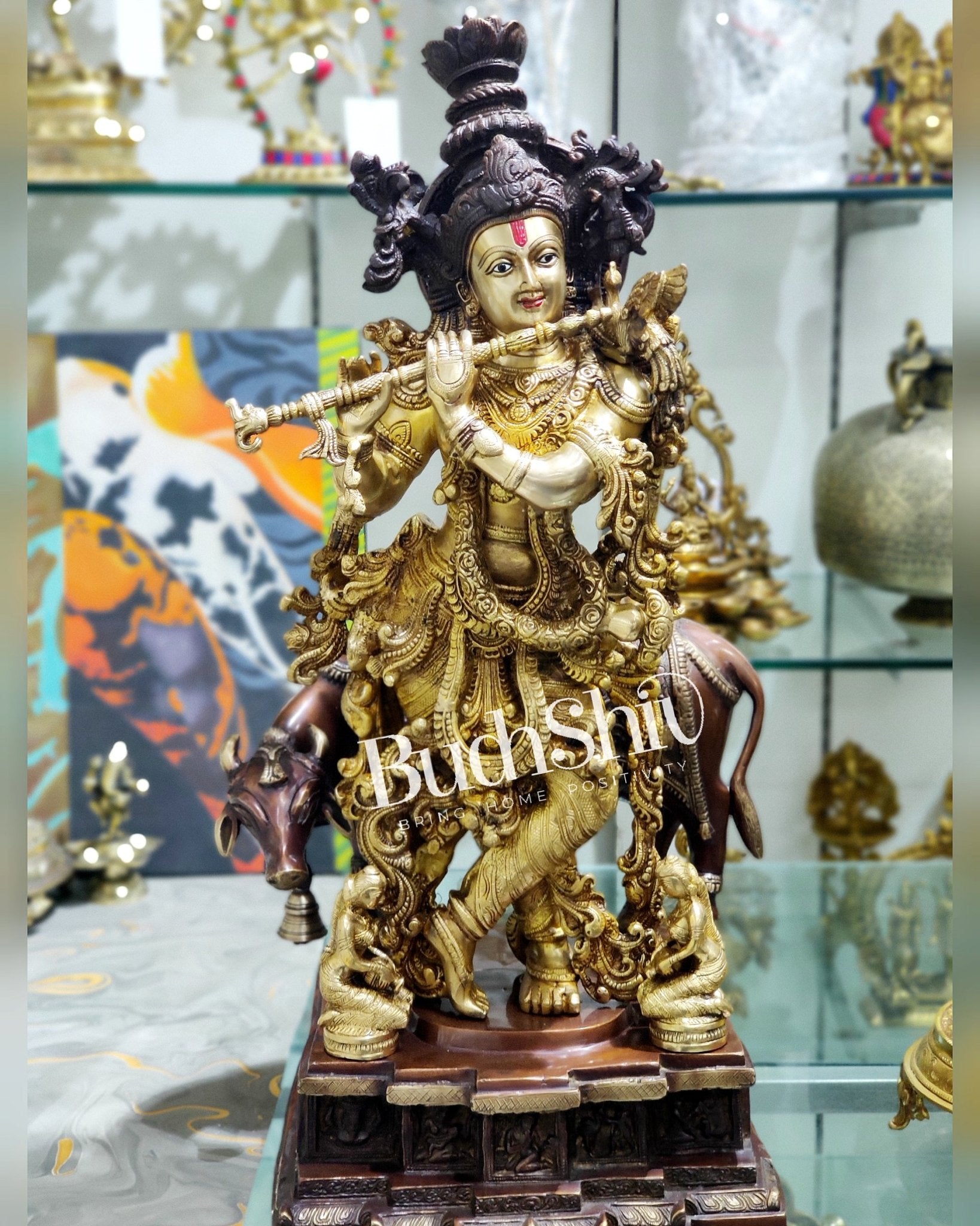 Krishna With Cow 28 inches brass idol