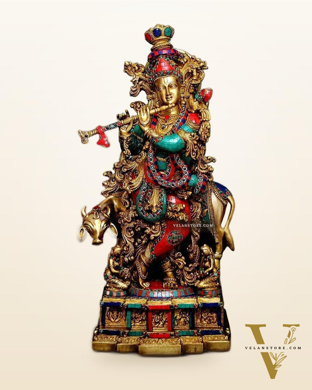 Krishna With Cow 29 inches brass idol with stonework