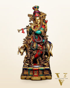 Krishna With Cow 29 inches brass idol with stonework