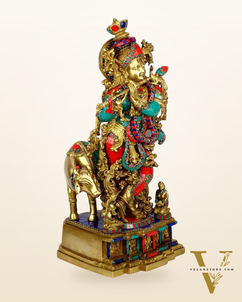 Krishna With Cow 29 inches brass idol with stonework