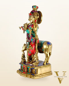 Krishna With Cow 29 inches brass idol with stonework