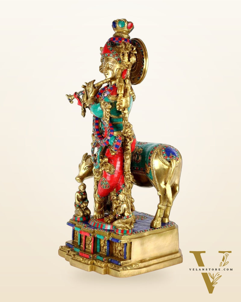 Krishna With Cow 29 inches brass idol with stonework