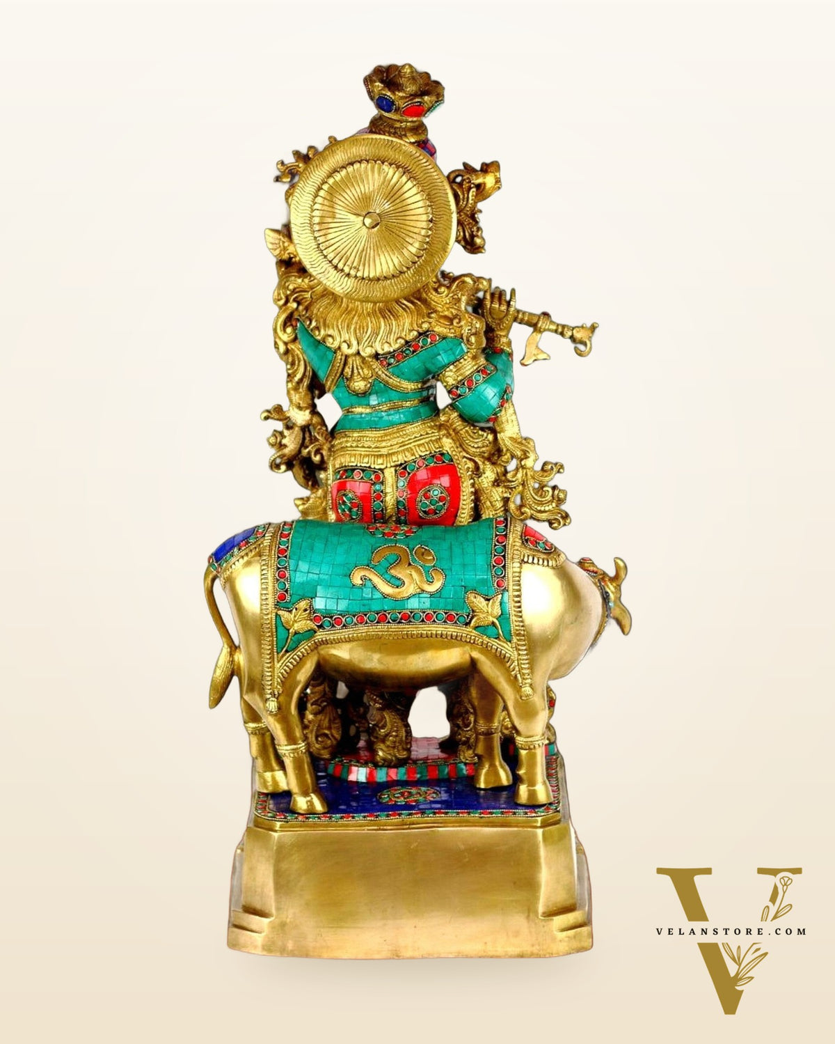 Krishna With Cow 29 inches brass idol with stonework