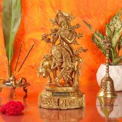 Krishna with cow and Peacock Brass Statue 12 inch