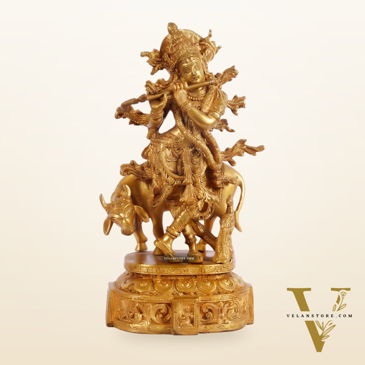Krishna with cow and Peacock Brass Statue 12 inch
