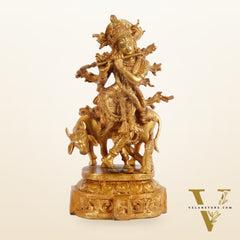 Krishna with cow and Peacock Brass Statue 12 inch