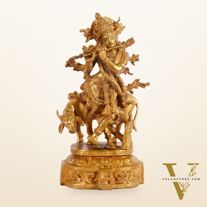 Krishna with cow and Peacock Brass Statue 12 inch