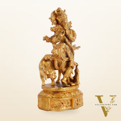 Krishna with cow and Peacock Brass Statue 12 inch