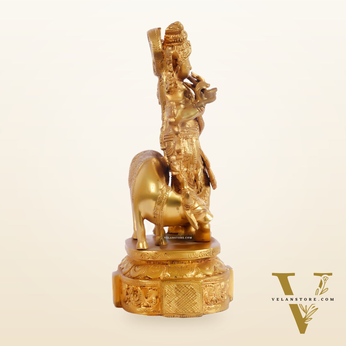 Krishna with cow and Peacock Brass Statue 12 inch
